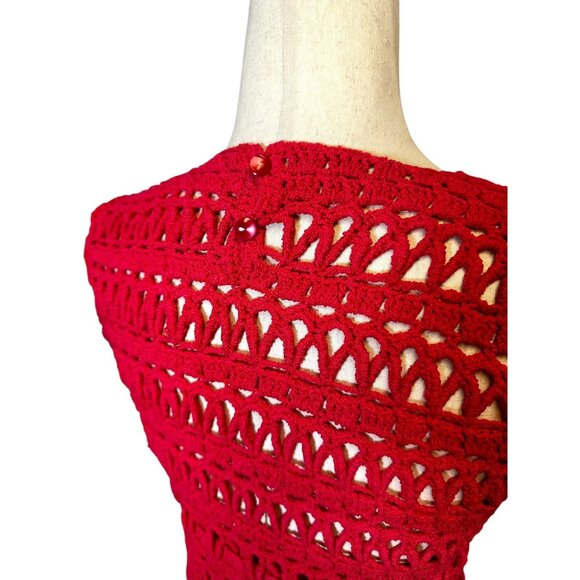 Vintage Handmade Red Crochet Dress Boho Festival Summer Beach Cover Up Short Sle - Picture 5 of 5